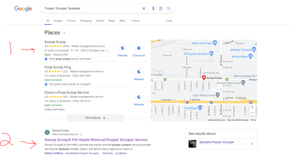 Google rankings for Pooper Scooper Spokane 