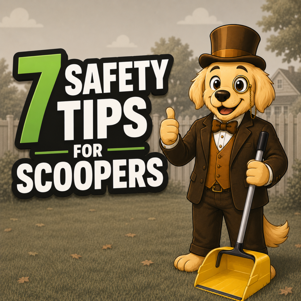 Winston standing in a yard with his scooping bucket giving a thumbs up.